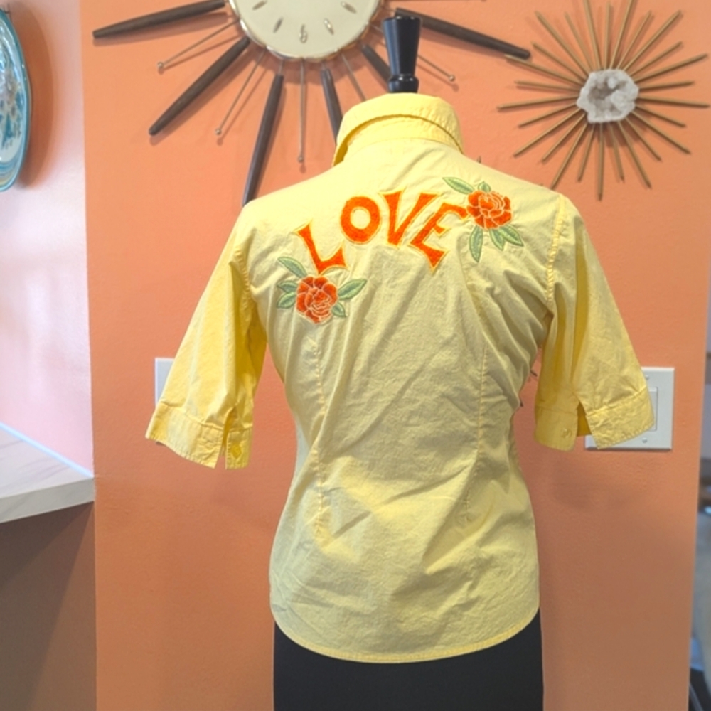 Vintage Yellow Button Down Shirt with Orange Embroidery
